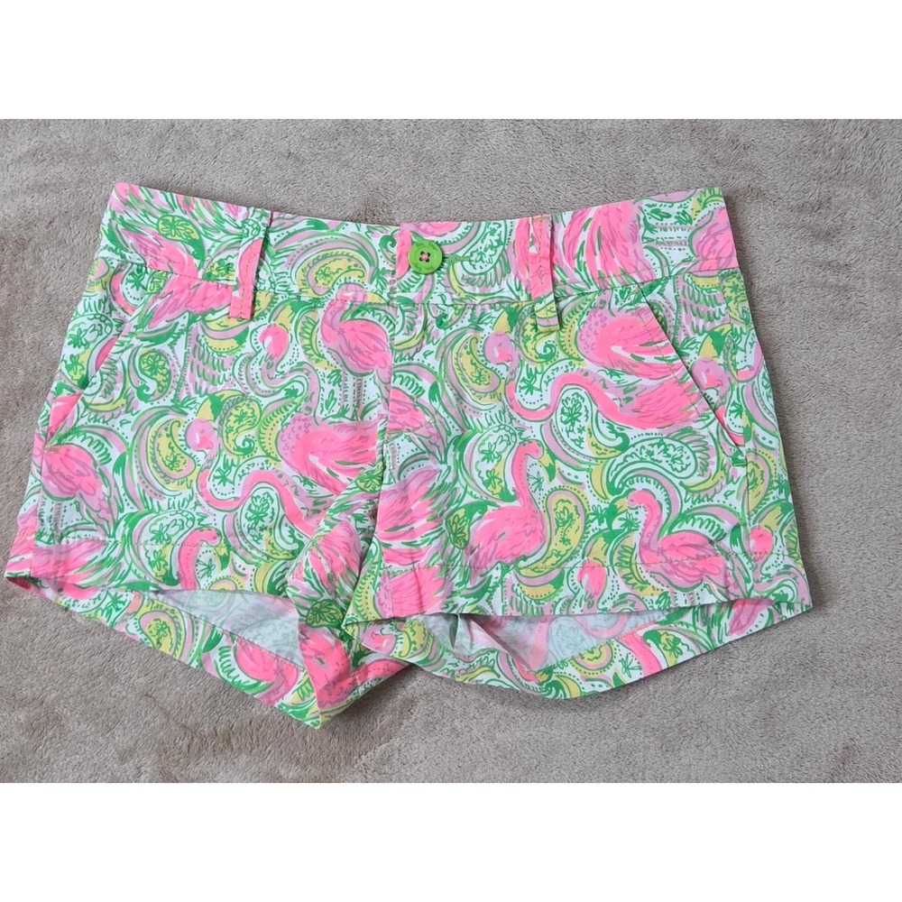 Lilly Pulitzer Shorts Women Size 00 28 Green Pink Flamingo AOP 2" EUC